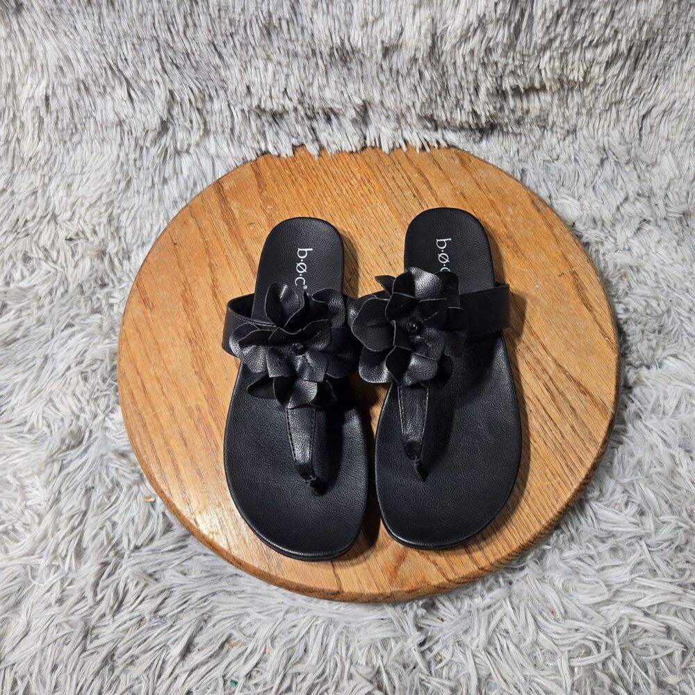 Born Black Leather Flower Thong Sandal Women Size 8M Retro Grunge Comfort Floral